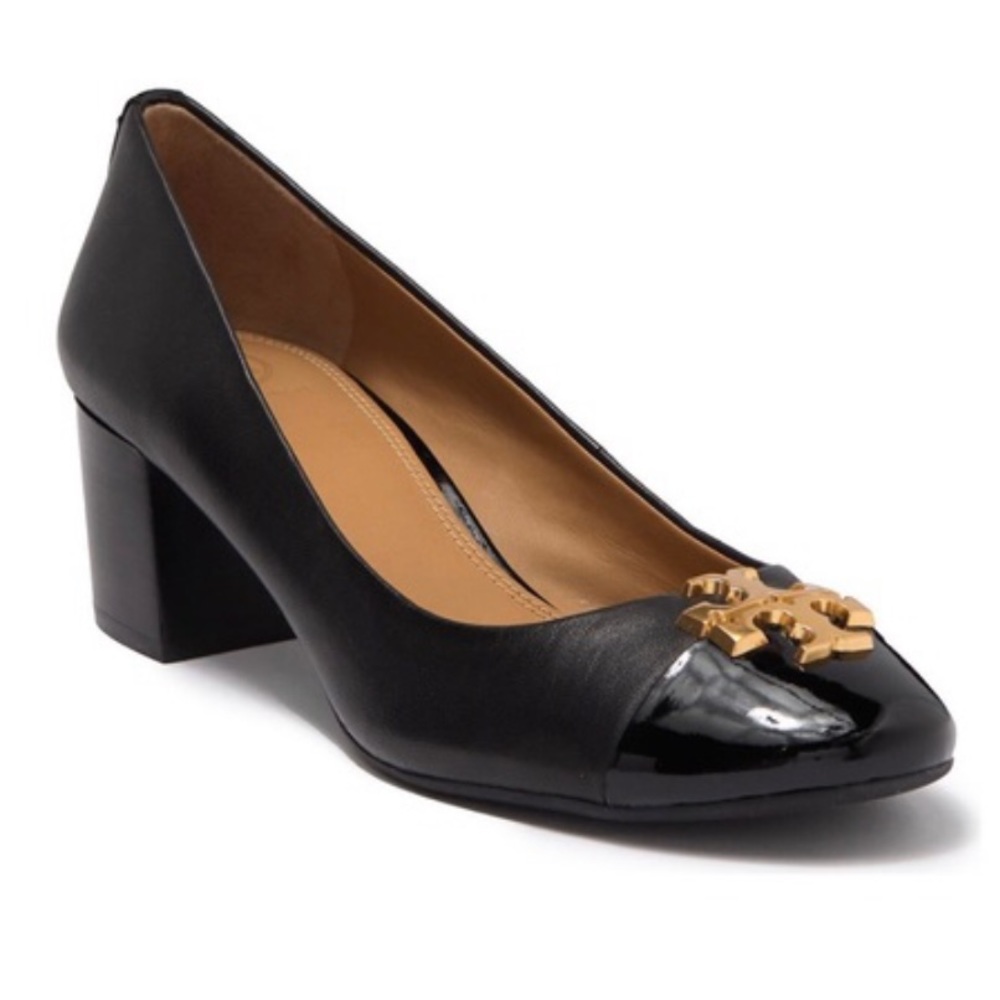 Tory Burch Everly Black Leather Cap Toe Heels Size 9